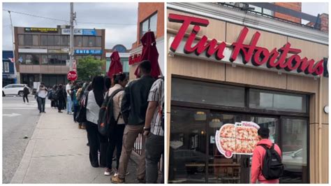 Serpentine queue of Indian students outside Tim Hortons.